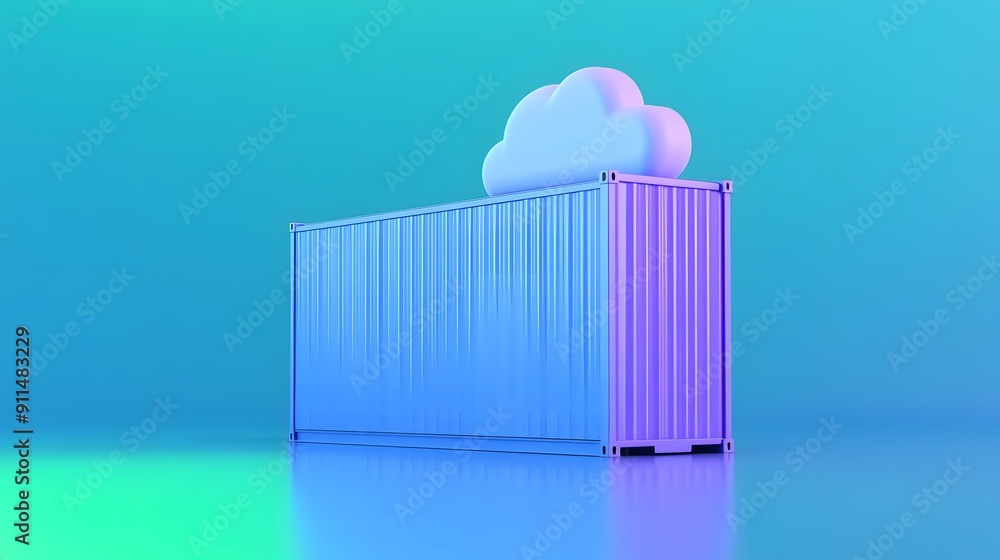 Poster colorful shipping container with a cloud, symbolizing cloud computing and technology services, on a 