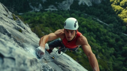 Obraz premium Rock Climbing Enthusiast Balancing on Steep Cliff with Scenic Mountain View