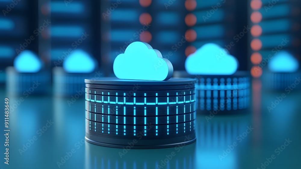 Poster concept of cloud computing, data storage, and server technology with glowing cloud icon and data cen