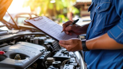 Auto Technician Taking Notes on Vehicle Maintenance