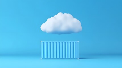 Conceptual image of a cloud over a shipping container on a blue background symbolizing cloud storage and technology.
