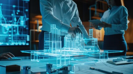 Construction Experts Analyzing Digital Blueprint of New Project
