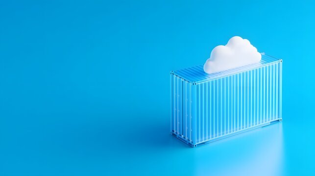 Conceptual image of cloud computing technology with a digital container on a blue background. Symbolizes data storage and virtualization.