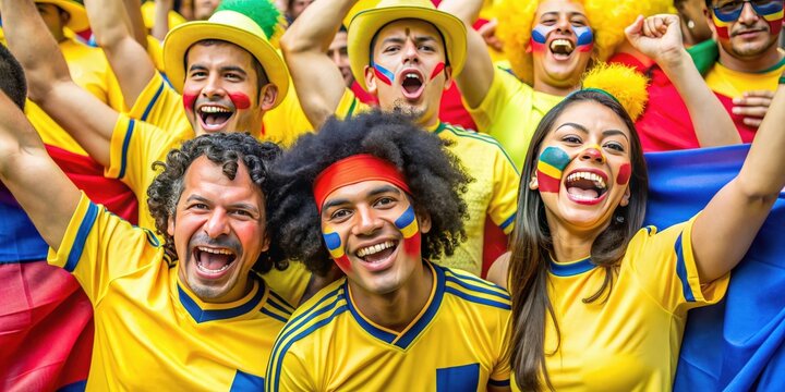 Colombian soccer fans showing their support in the national colors of Colombia , Colombian, fans, soccer, support