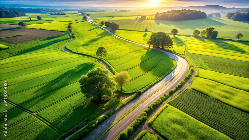 Poster sun-drenched path through verdant fields ai generated