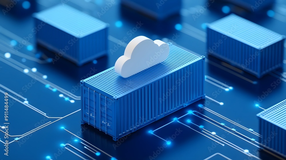 Poster container technology concept of cloud computing showing blue containers and cloud symbol on digital 