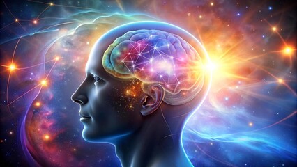 A Futuristic Abstract Depiction Of A Human Head With A Glowing Brain Against A Vibrant Cosmic Background, Symboliz  generative AI