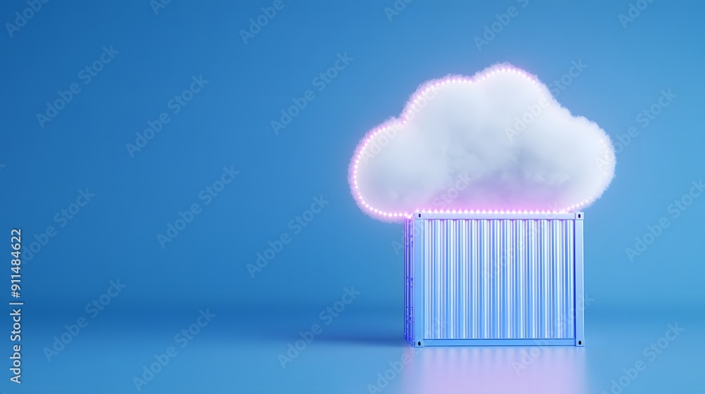 Poster creative cloud computing concept with glowing container and cloud on blue background, symbolizing da