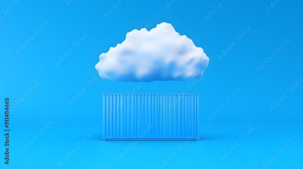 Poster creative concept image of cloud technology and data storage with a cloud hovering above a container 