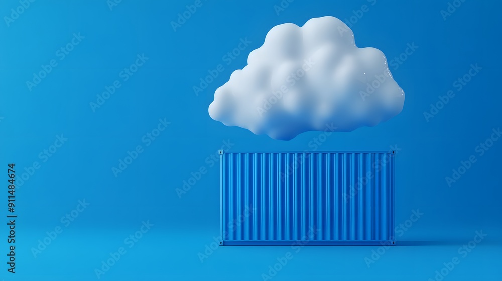 Poster creative concept of a cloud hovering over a blue cargo container, symbolizing cloud computing and te