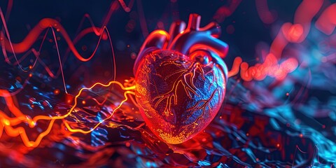 EKG human heart with digital glow, 