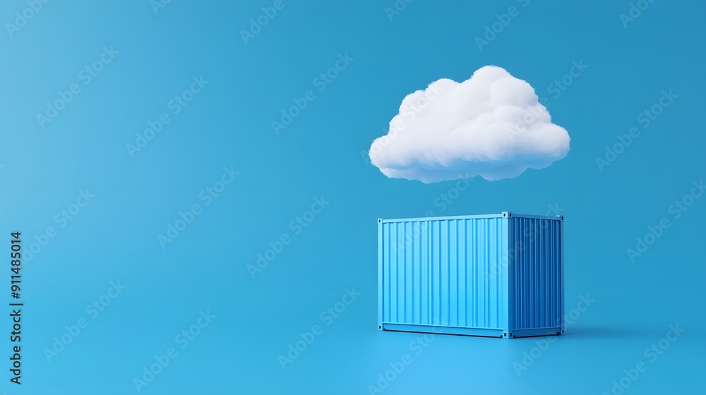 Poster creative image of a shipping container with a cloud above on a blue background, symbolizing cloud st