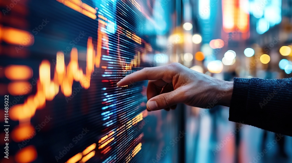 Poster close-up of a hand pointing at a digital screen displaying stock market data with bright lights in t