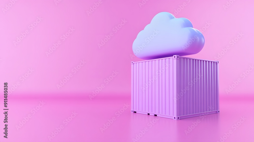 Aufkleber creative image of a purple shipping container with a cloud on top against a pink background, symboli