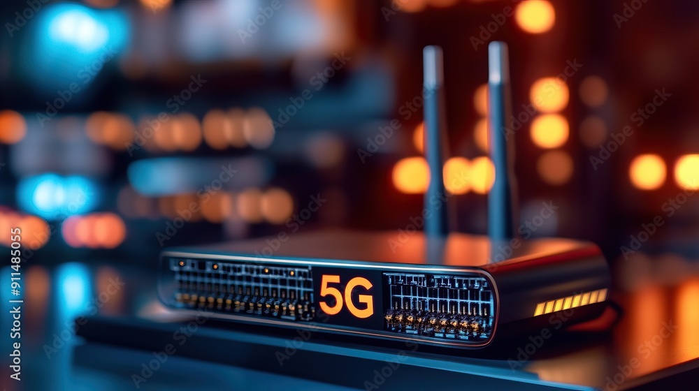 Poster 5g wireless router with dual antennas in a modern, illuminated data center, showcasing advanced tech