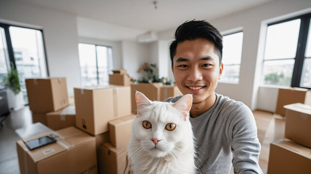 Young student man taking selfie with a cat in new apartment with cardboard boxes in the background. Moving to new home, mortgage, rental concept