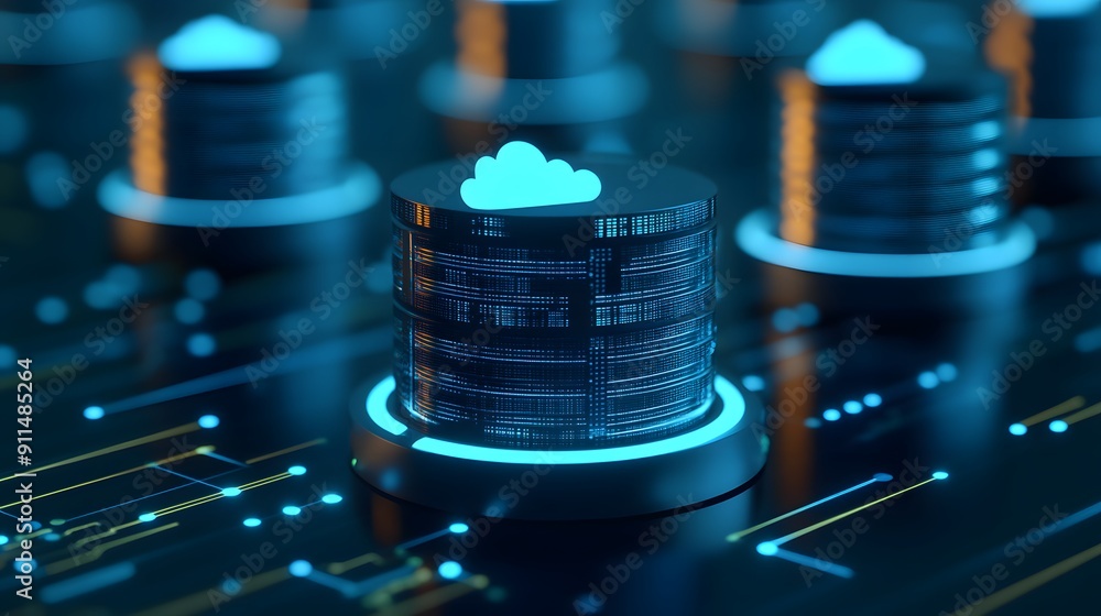 Poster data storage servers with cloud computing technology in a futuristic digital background. high-tech c