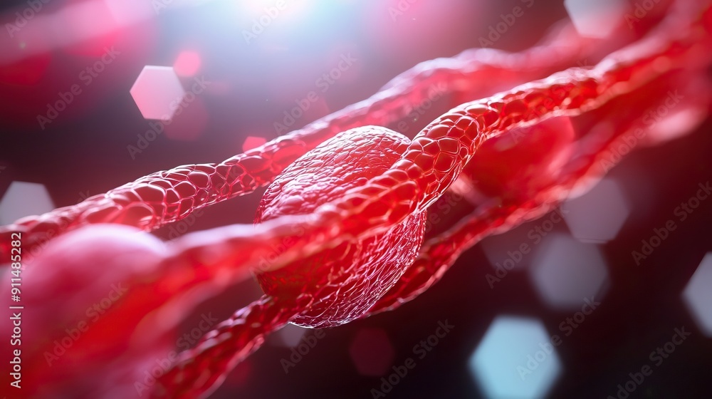 Poster a close-up view of red cells intertwined, showcasing details of biological structures in a vibrant a