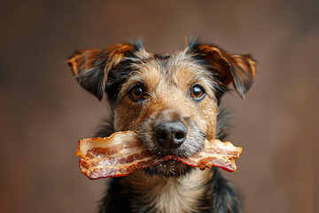 Portrait of dog holding slice of fried bacon in mouth