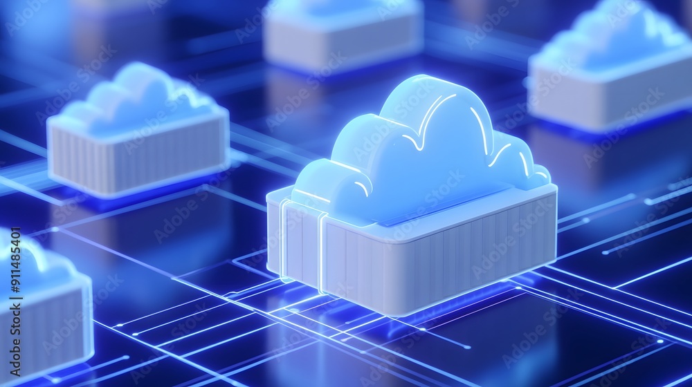 Poster digital 3d illustration of cloud computing icons interconnected, representing network storage, data 