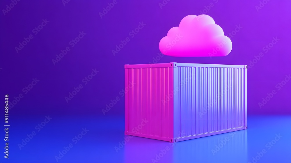 Poster digital 3d rendering of a bright shipping container and cloud on a blue and purple background, symbo
