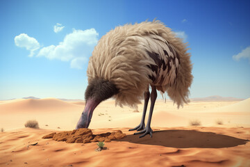An ostrich hide his head into the sand dune with Australian desert at background. Illustration of a phrase: "Do not bury your head in the sand".
