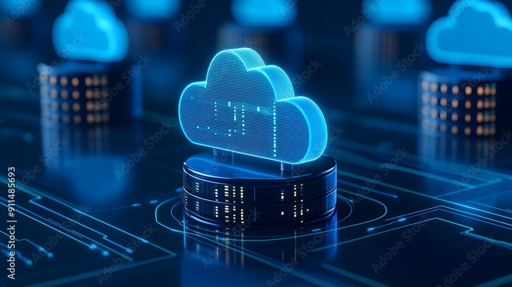 Poster digital cloud computing and data storage concept, featuring futuristic technology in a blue tone wit
