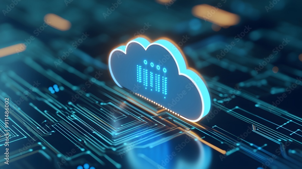 Poster digital cloud computing concept showcasing data storage and network connections for modern technolog