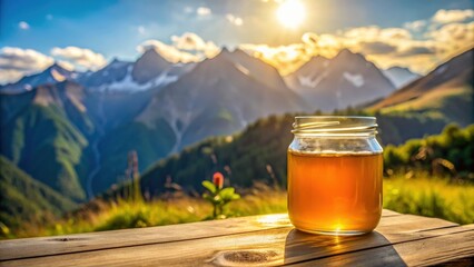 A jar of honey sitting outside on a sunny day with nature and mountains in the background, honey, jar, outdoor, sunny, nature