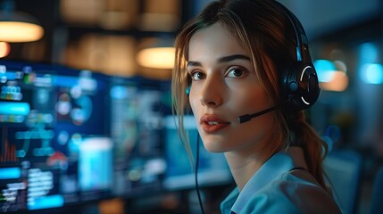 A customer service representative, wearing a headset, interacting with a customer through a virtual assistant platform, in a modern office.