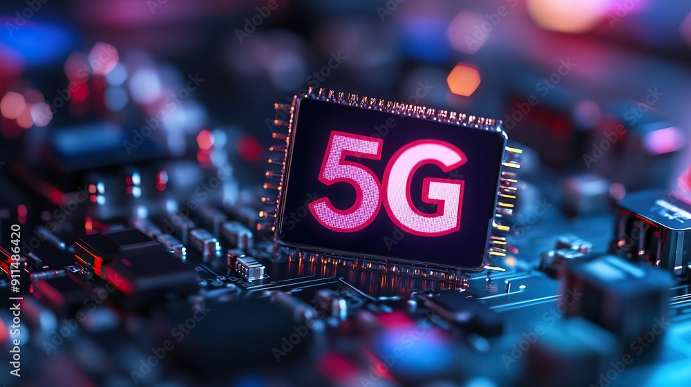 Poster close-up of a 5g microchip on a circuit board, representing next-generation technology and high-spee