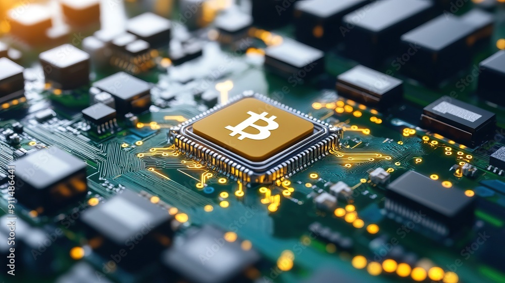Aufkleber close-up of a computer motherboard with a bitcoin symbol on a microchip, representing cryptocurrency