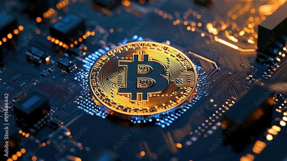 Aufkleber close-up of a bitcoin on a circuit board, representing digital currency and technology innovation in