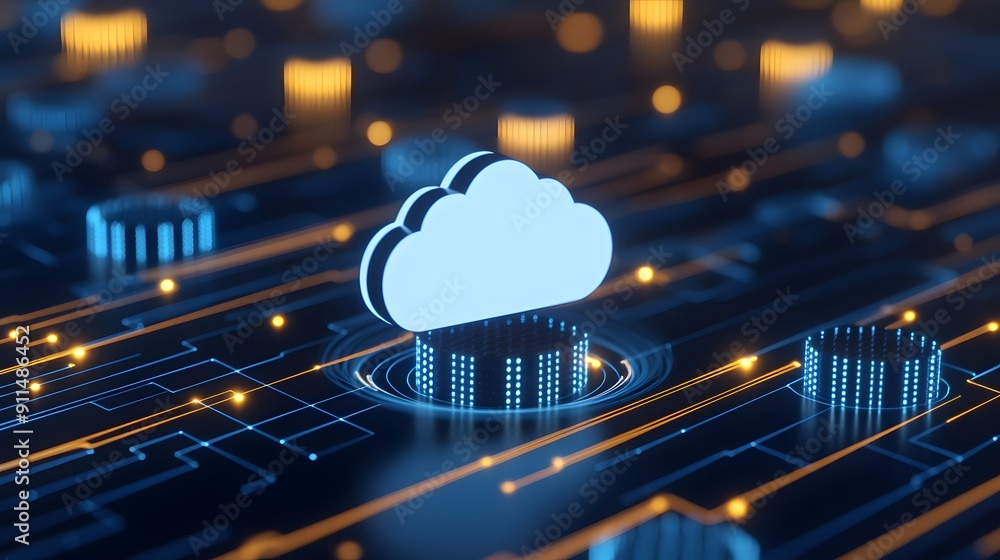 Poster digital cloud computing concept with data transfer network, futuristic technology background.