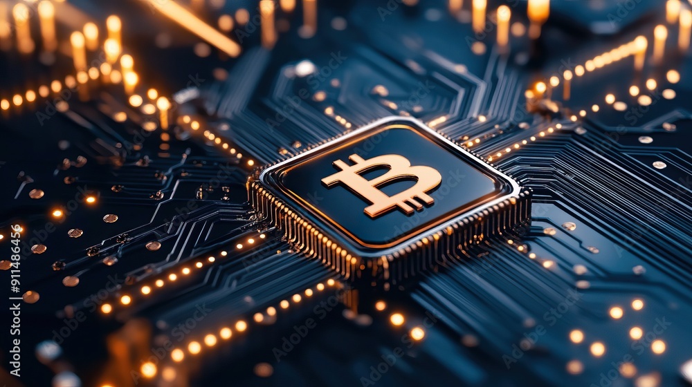 Aufkleber close-up of a bitcoin symbol on a computer chip, representing cryptocurrency and blockchain technolo