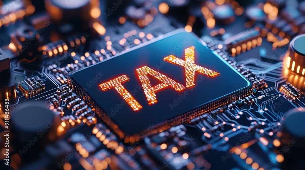 Poster close-up of a computer circuit board featuring the word 'tax' illuminated in vibrant colors, symboli