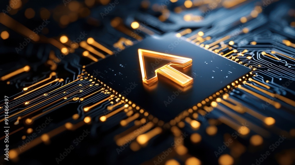 Poster close-up of a glowing circuit board with an upward arrow symbol, representing technology, innovation