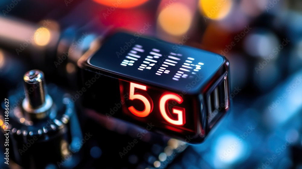 Poster Close-up of advanced 5G network technology with illuminated components, showcasing connectivity and innovation in modern electronics.