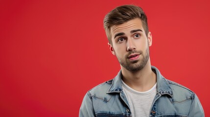 Obraz premium Confused Man with Question Mark Symbol on Bright Red Studio Backdrop