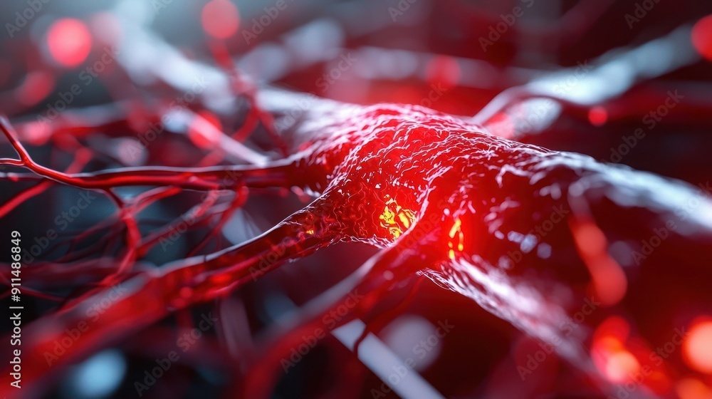 Poster close-up view of glowing neurons in vibrant red, showcasing the intricate network of nerve cells in 