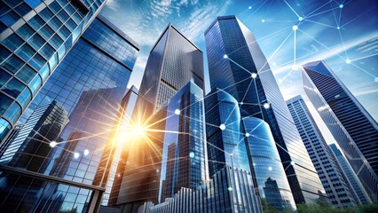 Abstract cityscape skyline with towering glass buildings reaching for the sky, symbolizing ambition and growth in the cor  generative AI