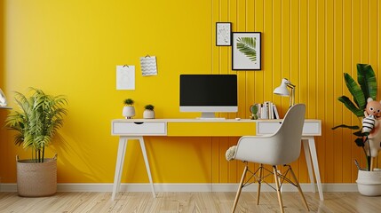 Modern home office with a vibrant yellow accent wall, sleek white desk, and stylish decor, creating an inspiring workspace.