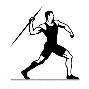 recommend clip art: Isolated black and white vector illustration of male athlete competing in javelin throw on white background.	
