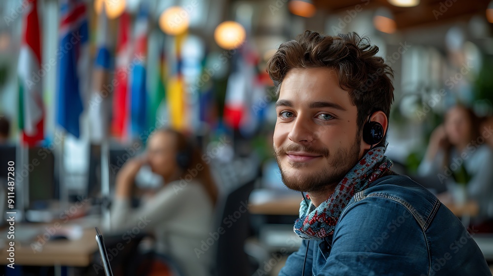 Sticker A dedicated customer service agent, engaged in a call, with flags representing different languages on their desk, in a brightly lit office. The background shows colleagues working at desks,