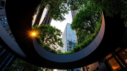 Modern cityscape viewed through architectural circular opening with urban greenery and buildings in the background.
