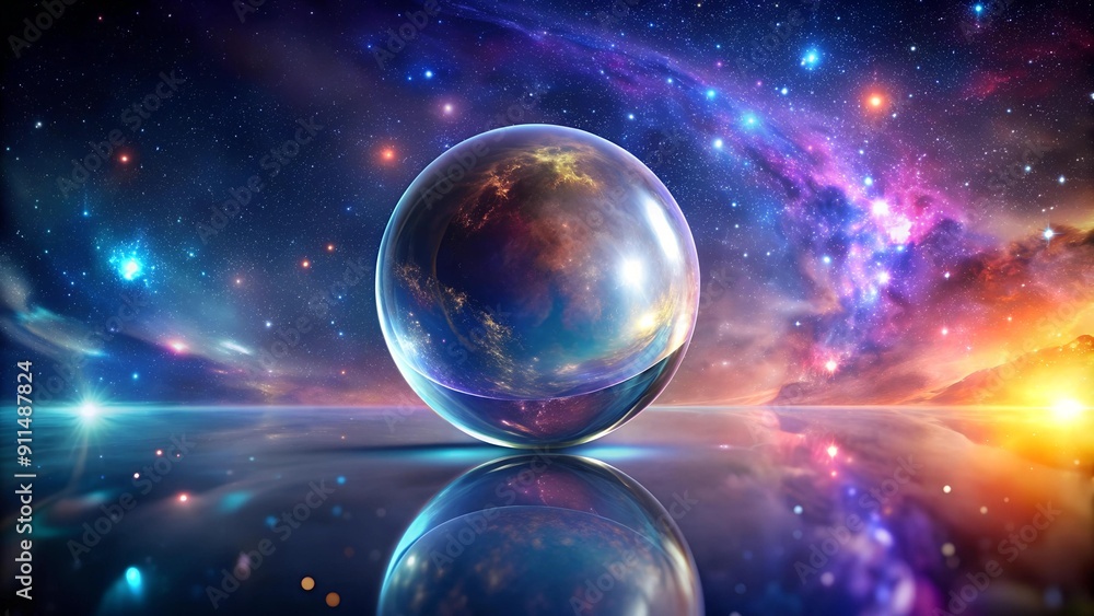 Poster celestial reflection: a shimmering sphere against the cosmic canvas ai generated