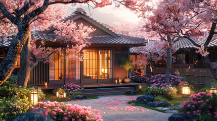 serene Japanese garden with cherry blossom trees and a traditional tea house realistic digital painting.Generative AI