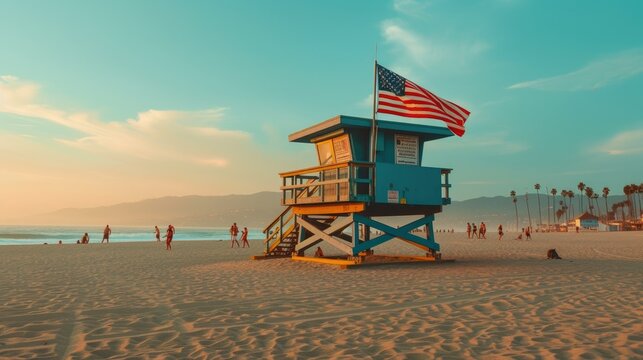 Sunrise Over Venice Beach Lifeguard Tower - Powered by Adobe
