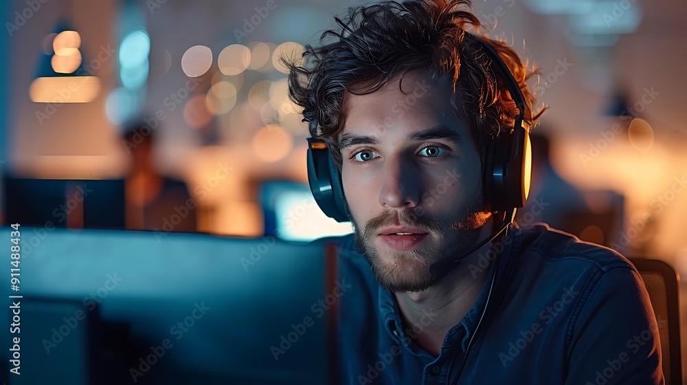 Canvas Prints A dedicated customer service representative, with a headset and intense focus, working on a computer in a brightly lit office. The background shows colleagues working at desks,