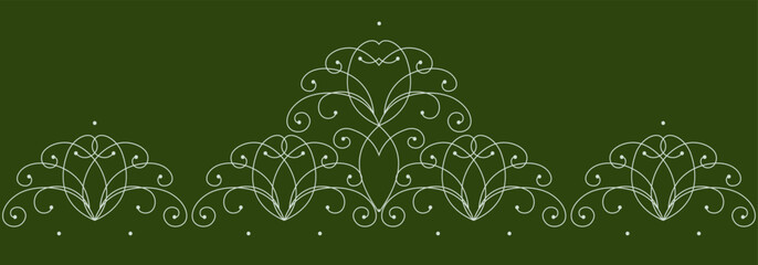 Seamless border of curved lines. White curls on green background. Ornate complex ornament.. Frost pattern on the window. Classic vintage design. Monochrome dark green decor for clothes, home, etc.